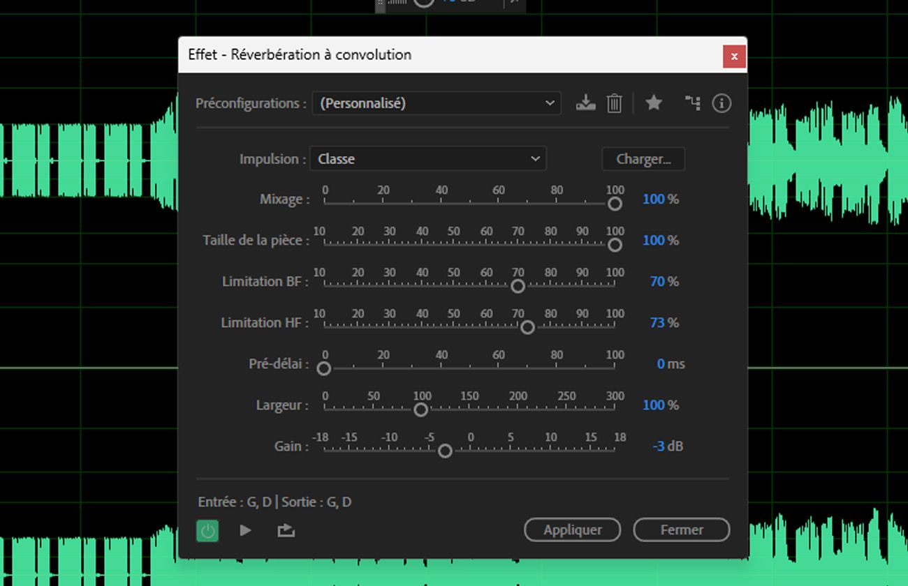 La boîte de dialogue de l'effet Réverbération par convolution est ouverte, avec des options comme Impulsion, Mixage, Taille de la pièce et Pré-délai disponibles.