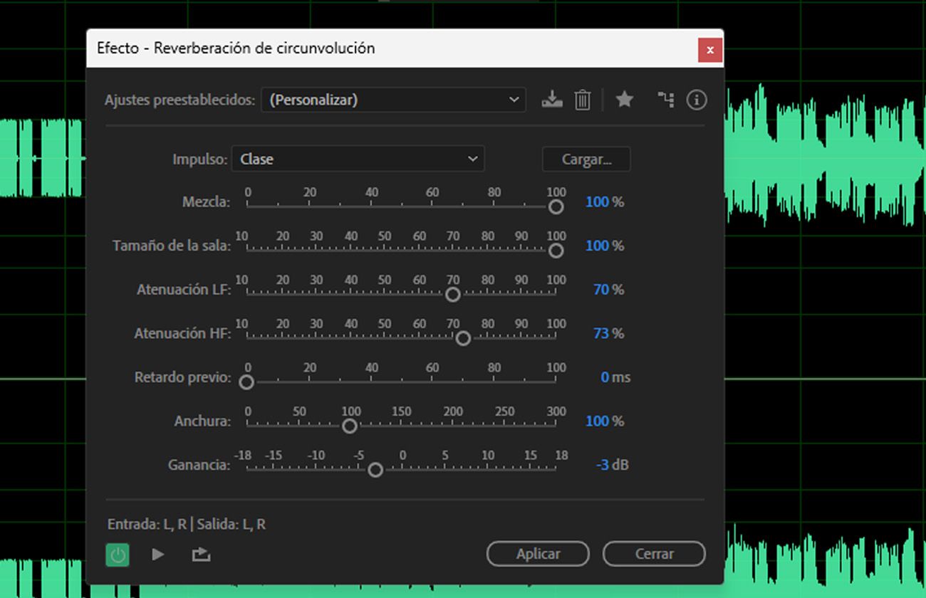 El cuadro de diálogo del efecto Convolution Reverb está abierto, con options como Impulse, Mix, Room Size y Pre-Delay disponibles.