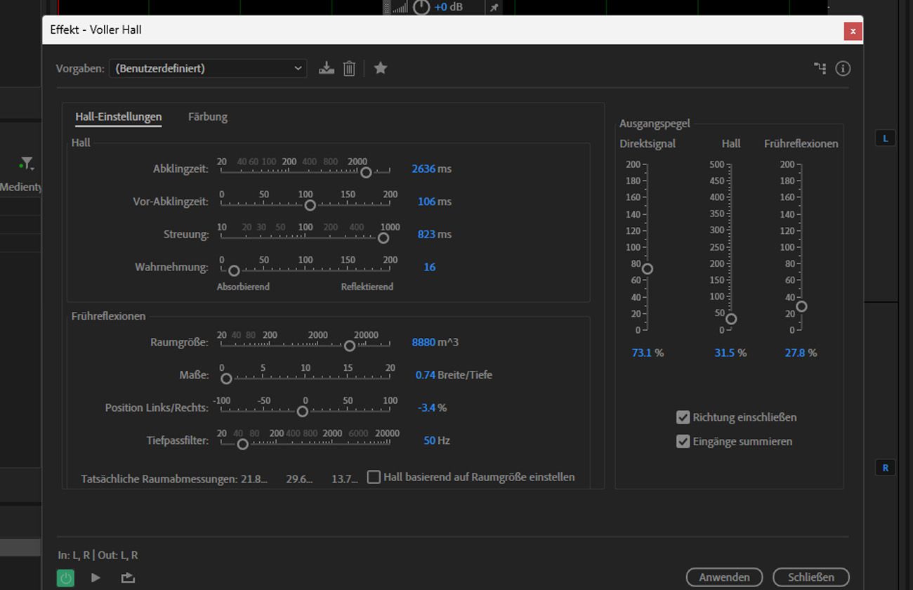 Das Dialogfeld für den Full Reverb-Effekt ist geöffnet und zeigt Steuerungsregisterkarten wie Reverb Settings und Coloration.