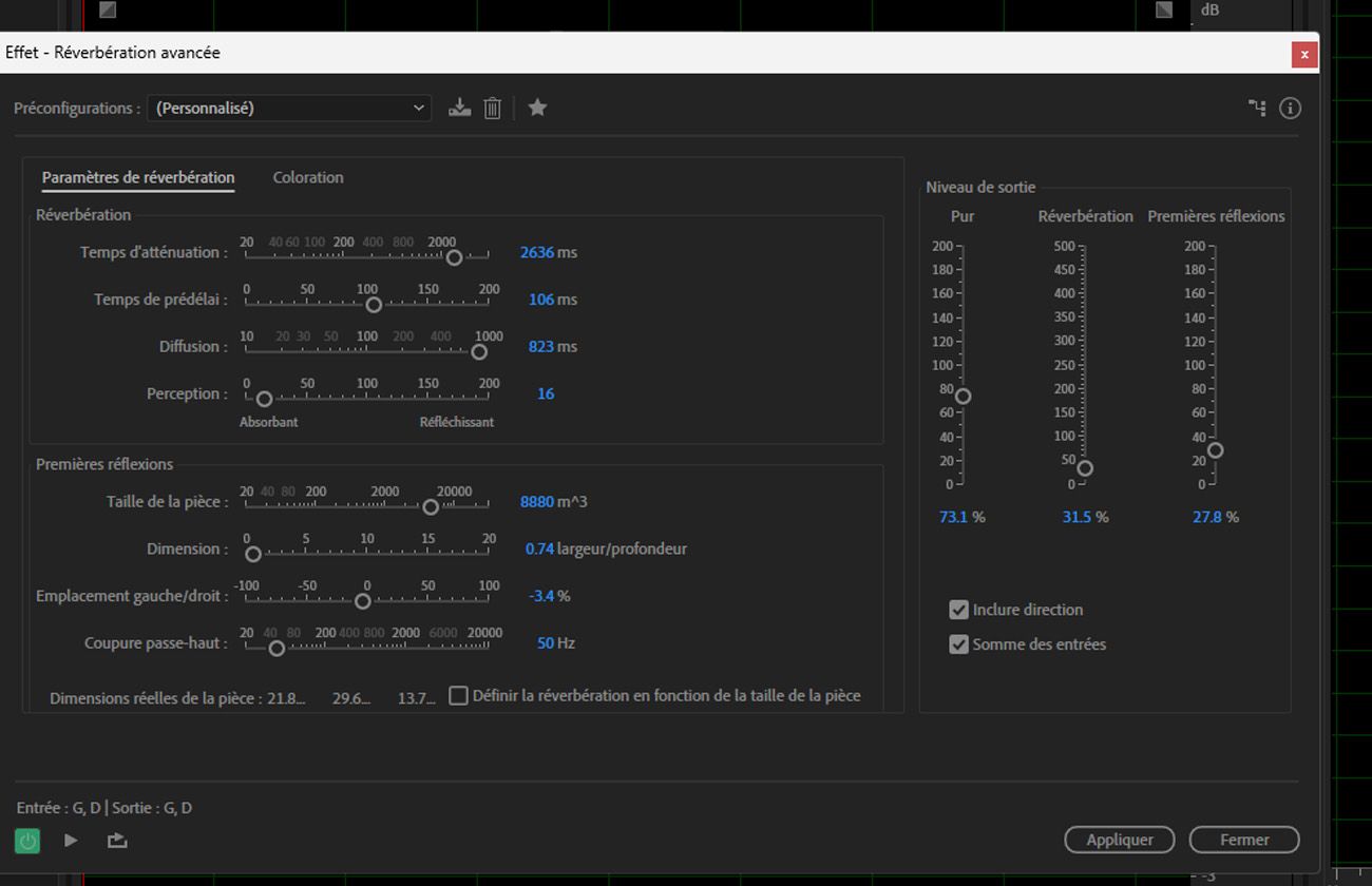 La boîte de dialogue de l'effet Réverbération avancée est ouverte, présentant des onglets de contrôle tels que Paramètres de réverbération et Coloration.