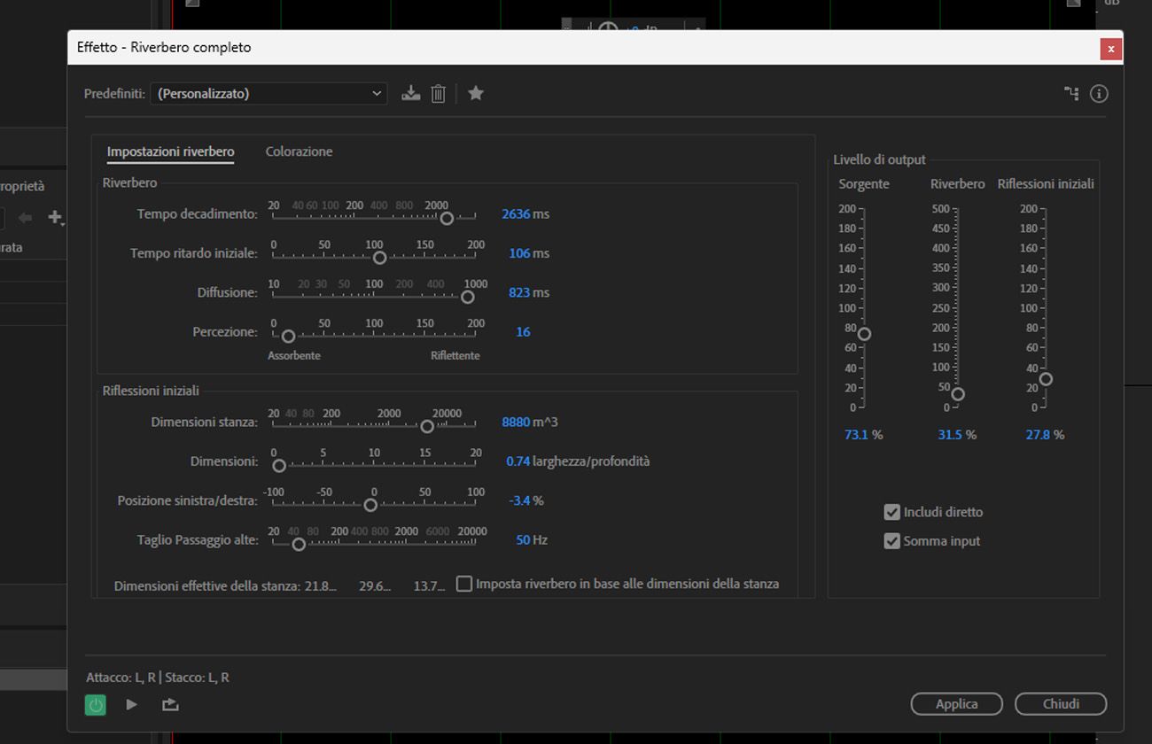 La finestra di dialogo dell'effetto Full Reverb è aperta, con schede di controllo come Reverb Impostazioni e Coloration.