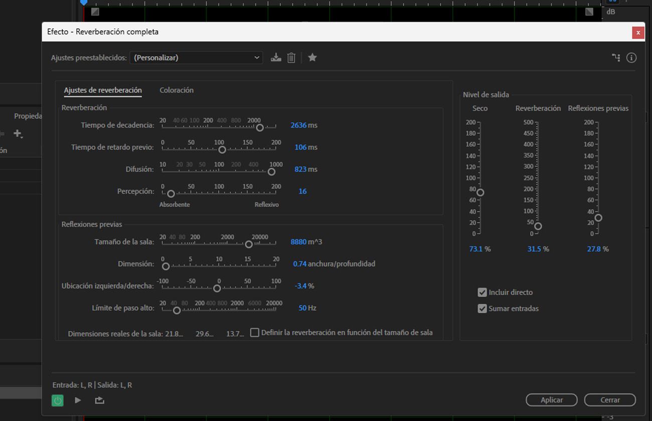 El cuadro de diálogo del efecto Full Reverb está abierto, con pestañas de control como Reverb Settings y Coloration.