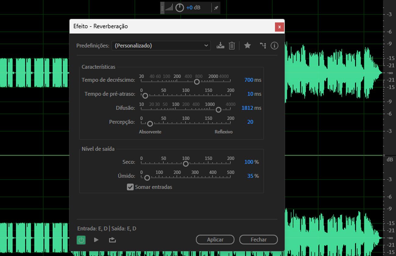A caixa de diálogo do efeito Reverb está aberta e inclui controles como Decay Time, Pre-Delay Time, Diffusion, Perception e outros.