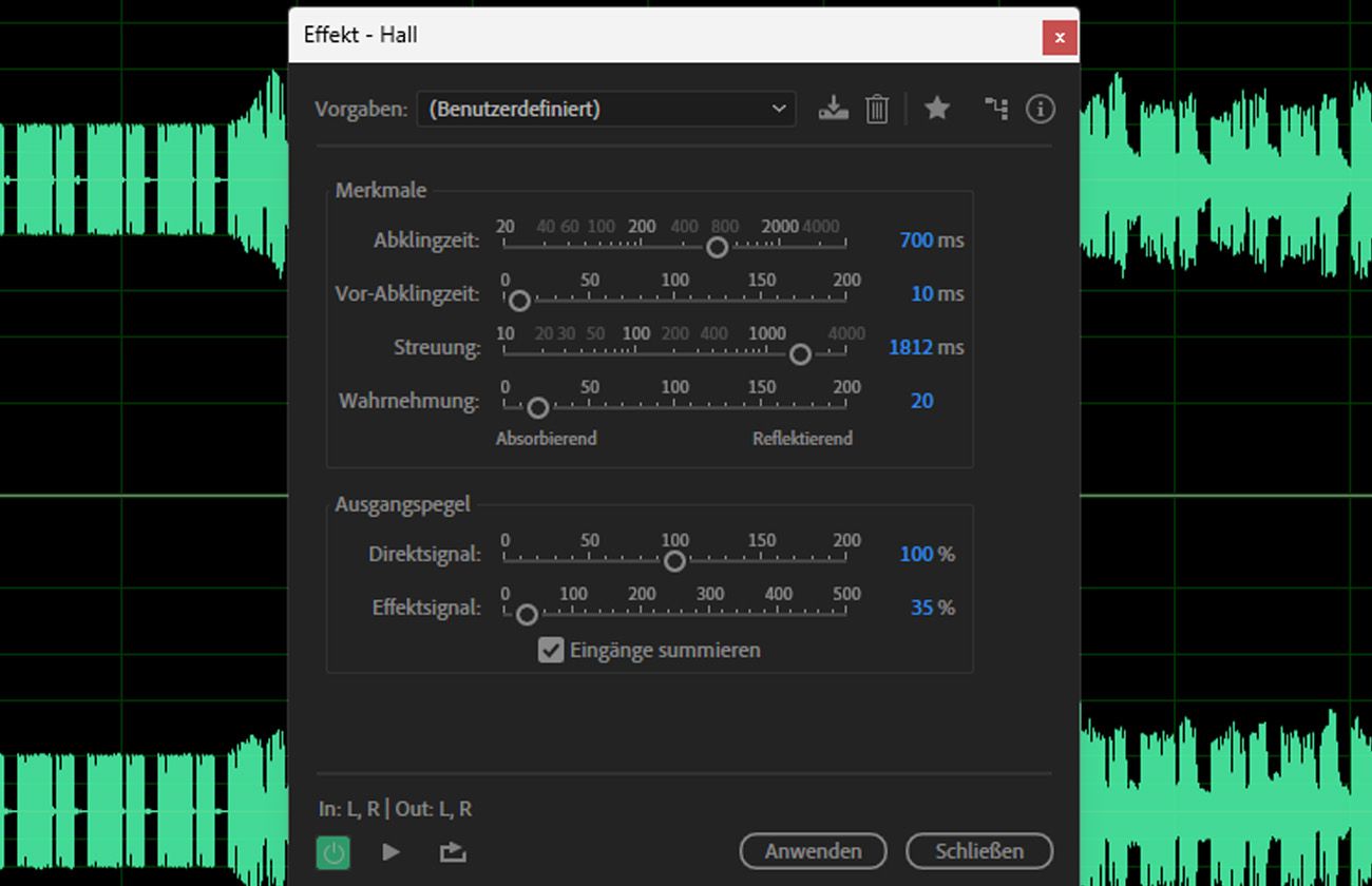 Das Dialogfeld für den Reverb-Effekt ist geöffnet und enthält Steuerelemente wie Decay Time, Pre-Delay Time, Diffusion, Perception und mehr.