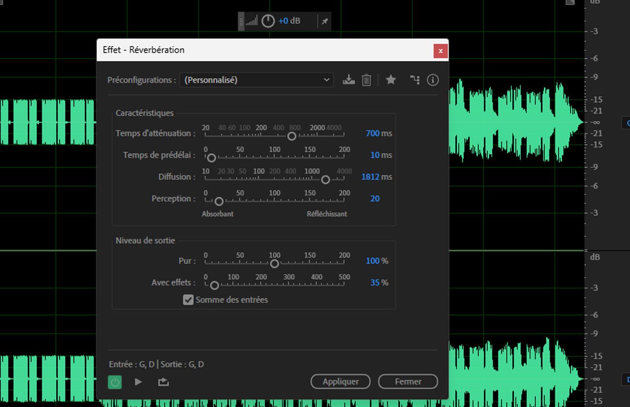 La boîte de dialogue de l’effet Réverbération est ouverte et inclut des contrôles tels que Temps de décroissance, Temps de pré-délai, Diffusion, Perception et plus encore.