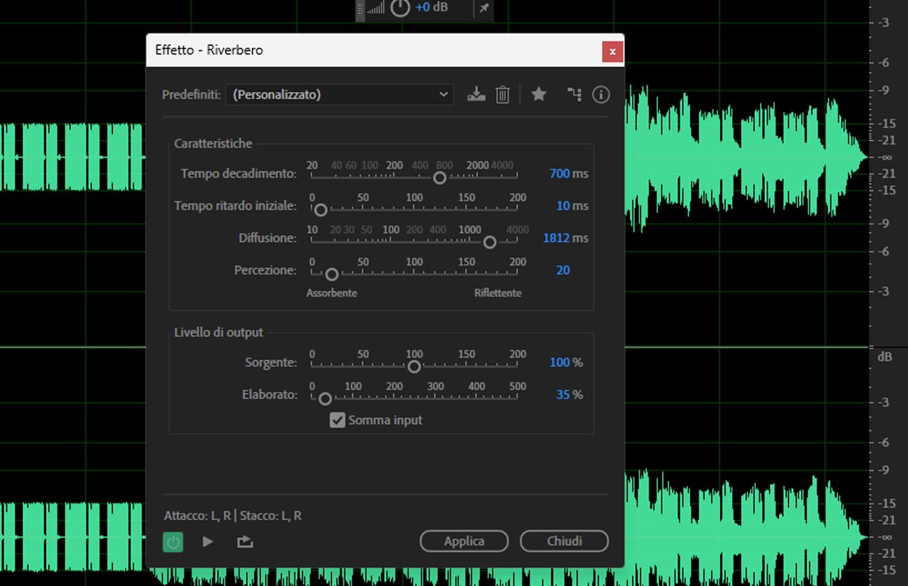 La finestra di dialogo dell'effetto Reverb è aperta e include controlli come Decay Time, Pre-Delay Time, Diffusion, Perception e altro.