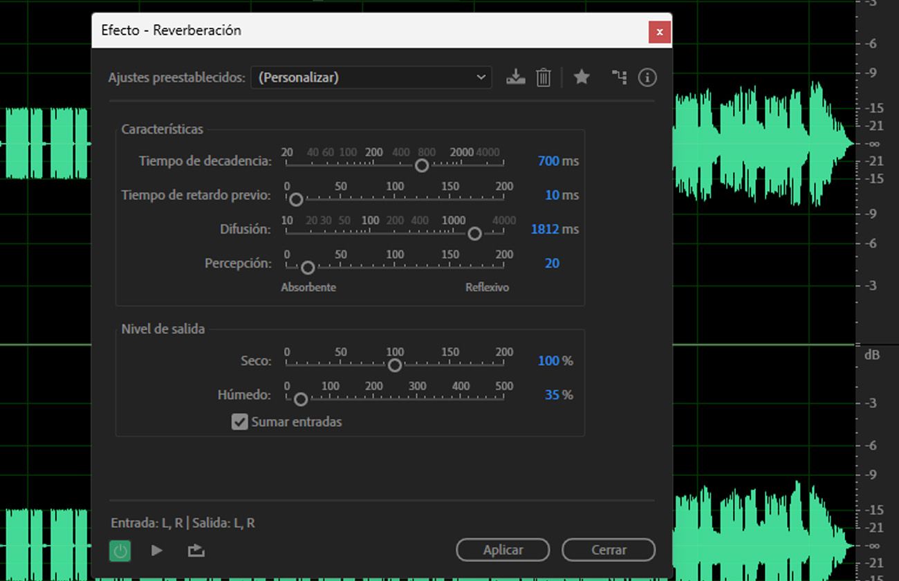 El cuadro de diálogo del efecto Reverb está abierto e incluye controles como Decay Time, Pre-Delay Time, Diffusion, Perception y más.