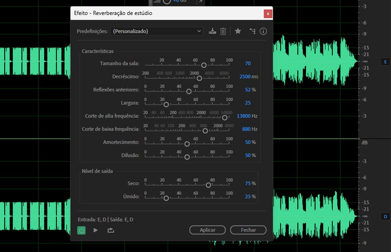 Use o efeito Studio Reverb para criar reverberação natural com qualidade de estúdio e controle preciso sobre as características do ambiente.