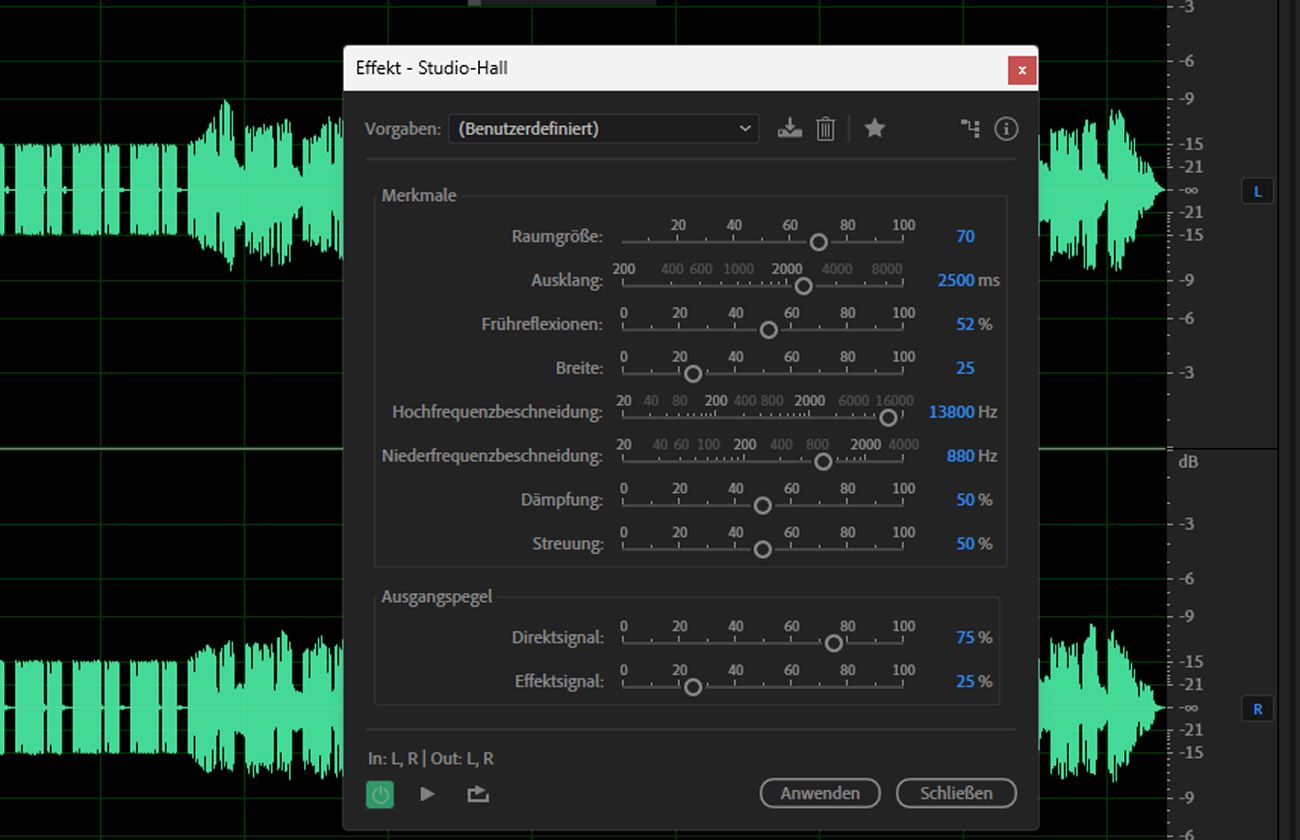 Verwende den Studio Reverb-Effekt, um natürlichen, studioqualitätsmäßigen Hall mit präziser Kontrolle über Raumeigenschaften zu schaffen.