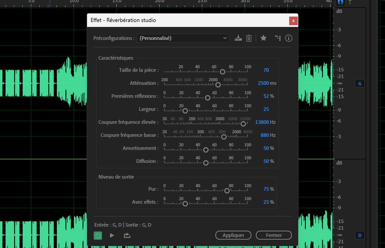 Utilisez l'effet Réverbération studio pour créer une réverbération naturelle de qualité studio avec un contrôle précis des caractéristiques de la pièce.