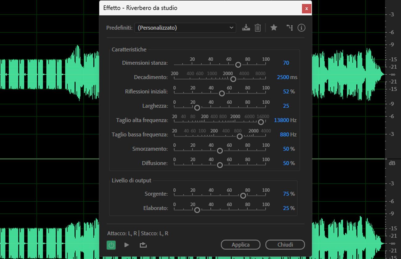 Usa l'effetto Studio Reverb per creare riverbero naturale di qualità da studio con controllo preciso sulle caratteristiche della stanza.