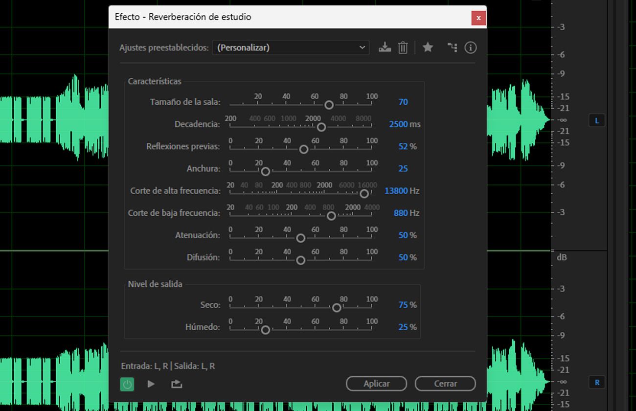 Use el efecto Studio Reverb para crear reverberación natural de calidad de estudio con control preciso sobre las características de la habitación.