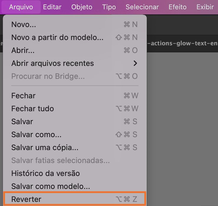 Você também pode reverter um arquivo para a última versão salva. No entanto, a ação de Reverter não funciona se você reabrir o arquivo ou documento. Você pode encontrar a opção Reverter no menu Arquivo.