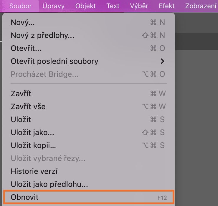 Soubor můžete také obnovit na poslední uloženou verzi. Možnost Obnovit však nefunguje, pokud soubor nebo dokument otevřete znovu. Možnost Obnovit najdete v nabídce Soubor.