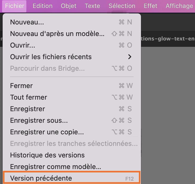Vous pouvez également restaurer la dernière version enregistrée d’un fichier. Cependant, l’opération Version précédente ne fonctionne pas si vous venez de rouvrir le fichier ou le document. Cette option est disponible depuis le menu Fichier.