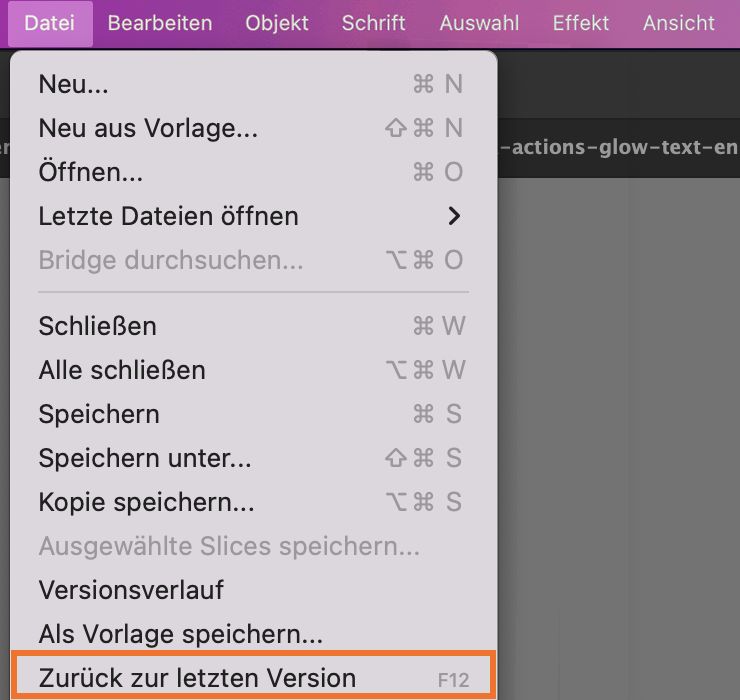 Sie können eine Datei auch auf die zuletzt gespeicherte Version zurücksetzen. Die Aktion „Zurück zur letzten Version“ kann jedoch nicht verwendet werden, wenn Sie die Datei oder das Dokument erneut öffnen. Sie finden die Option „Zurück zur letzten Version“ im Menü „Datei“.