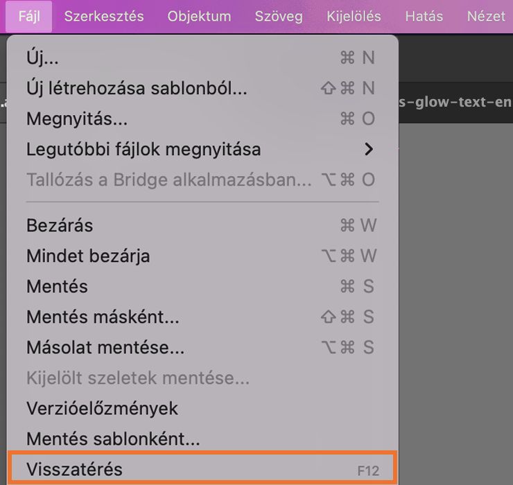 Visszaállíthat egy fájlt az utoljára mentett verzióra. Azonban a Visszaszállítás művelet nem működik, ha újra megnyitja a fájlt vagy dokumentumot. A Visszaállítás opciót a Fájl menüben találja.