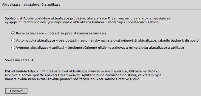 Vrácení aktualizací v rámci aplikace