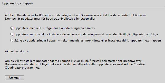Återställa uppdateringar i appen