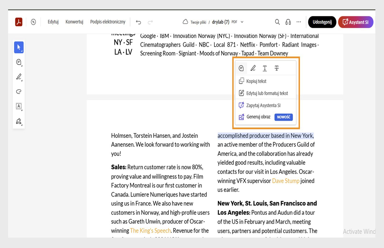 Wybrany tekst wyświetla menu kontekstowe z narzędziami do kopiowania, edytowania, formatowania, podświetlania, przekreślania lub podkreślania wybranego tekstu.