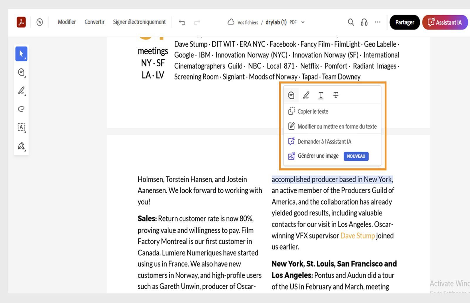 Le texte sélectionné affiche un menu contextuel avec les outils permettant de copier, de modifier, de mettre en forme, de surligner, de barrer ou de souligner le texte sélectionné.