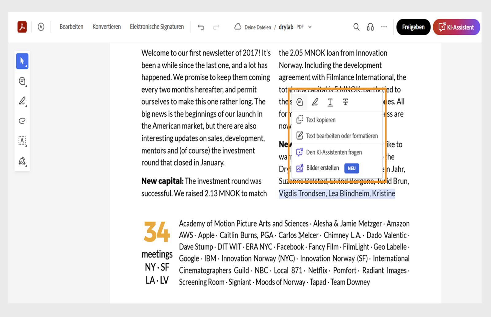 Der ausgewählte Text zeigt ein Kontextmenü mit Werkzeugen zum Kopieren, Bearbeiten, Formatieren, Hervorheben, Durchstreichen oder Unterstreichen des ausgewählten Texts.
