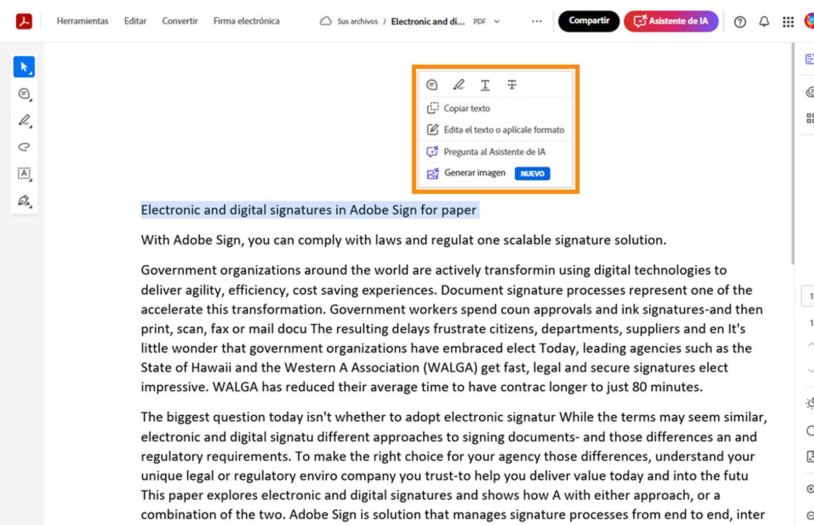 El texto seleccionado muestra un menú contextual con herramientas para copiar, editar, formatear, resaltar, tachar o subrayar el texto seleccionado.