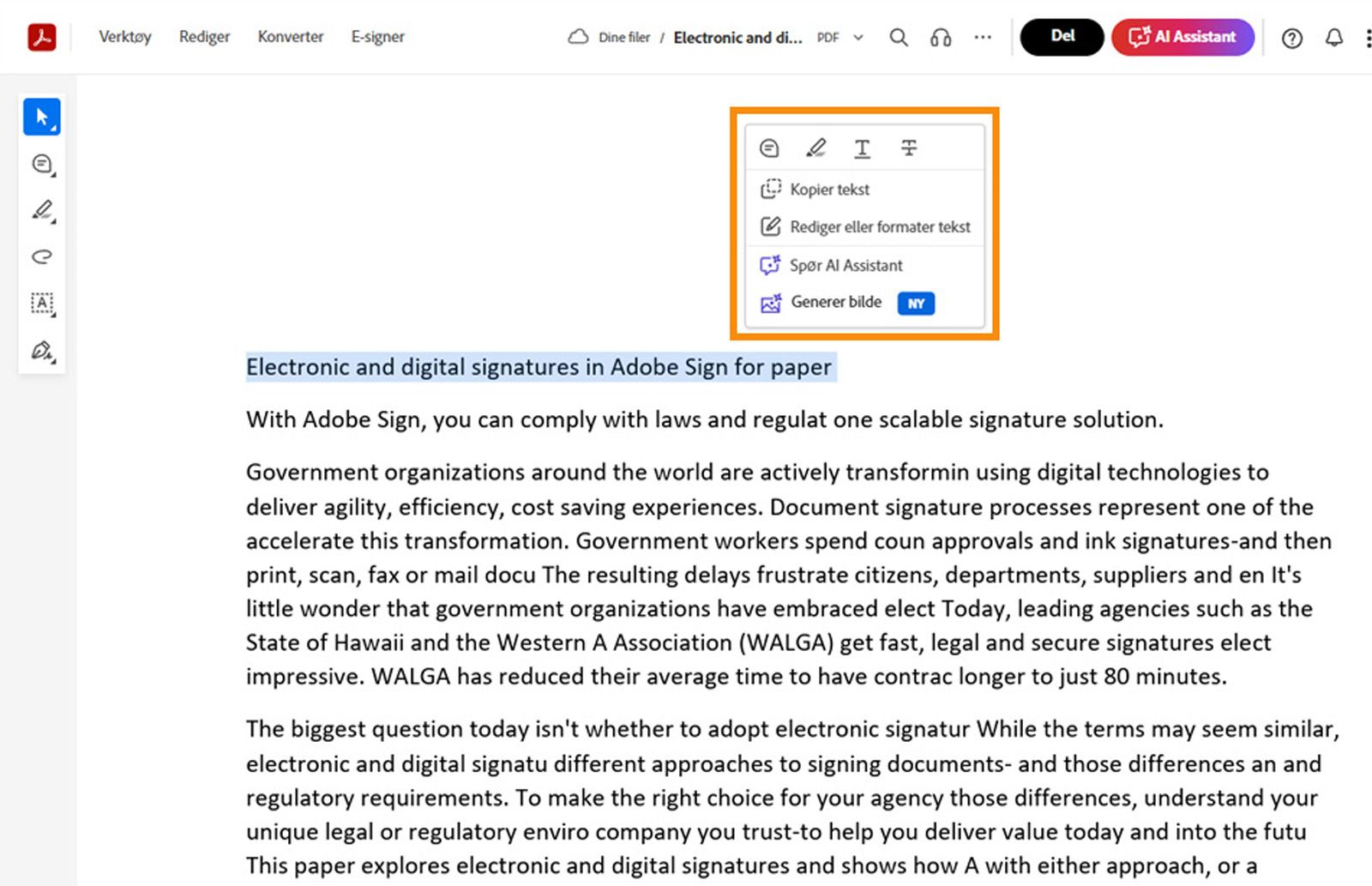 Den valgte teksten viser en Kontekst-meny, med verktøy for å kopiere, redigere, formatere, utheve, gjennomstreke eller understreke den valgte teksten.