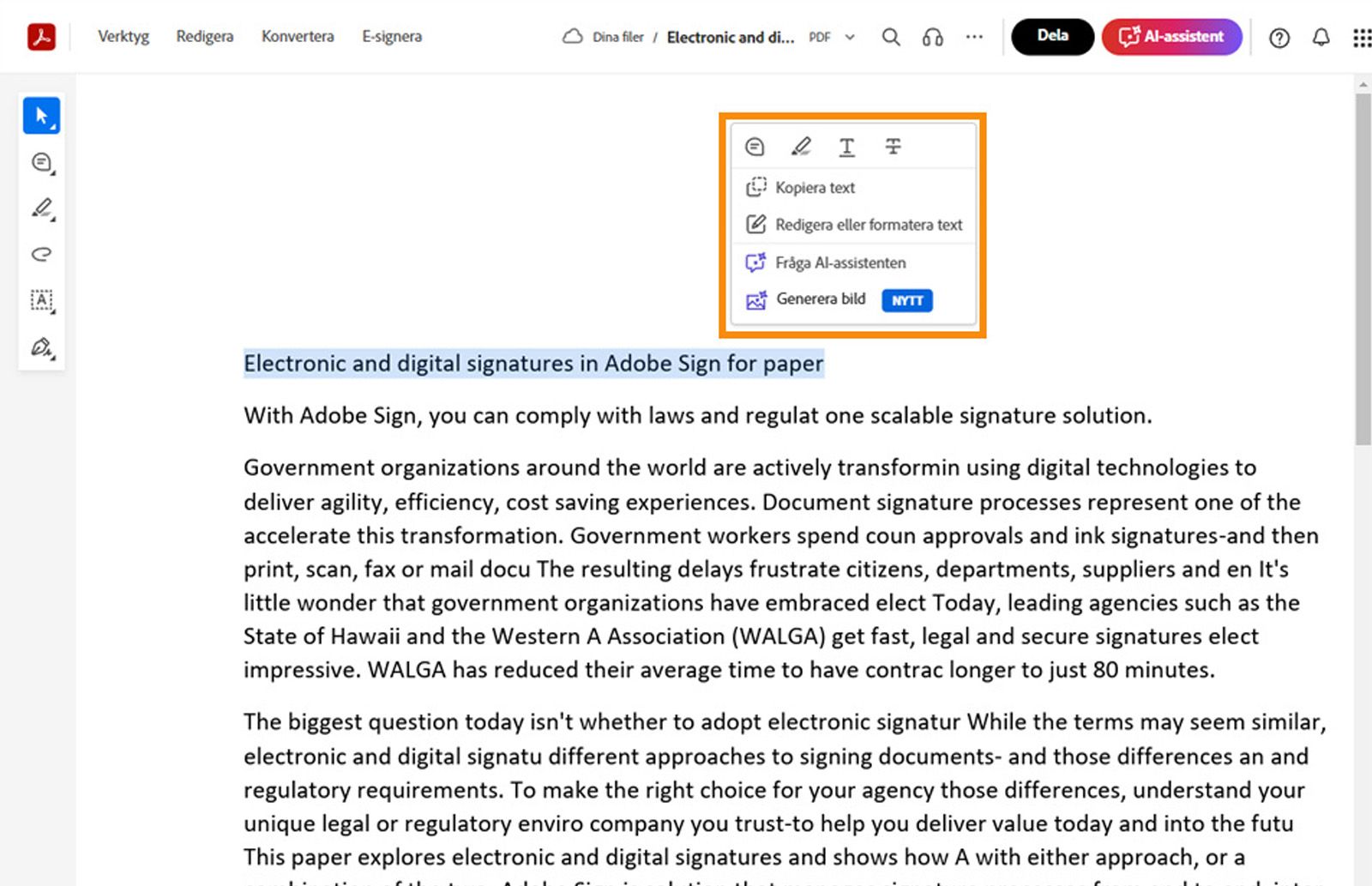 Den markerade texten visar en snabbmeny med verktyg för att kopiera, redigera, formatera, markera, genomstryka eller understryka den markerade texten.