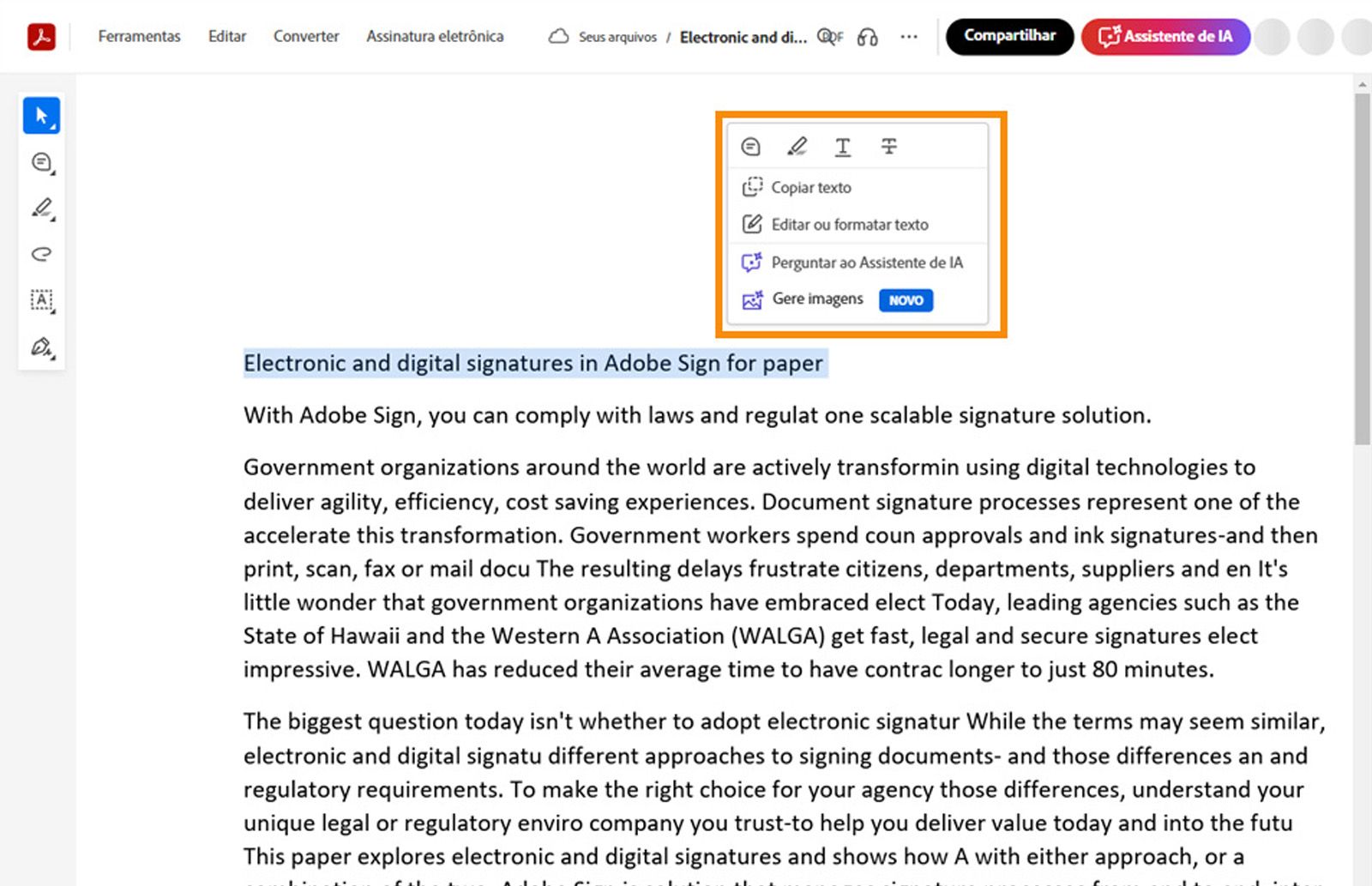 O texto selecionado mostra um menu de contexto com ferramentas para copiar, editar ou formatar, destacar, tachar ou sublinhar o texto selecionado.