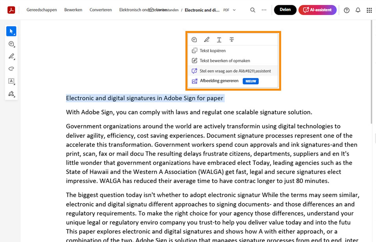 De geselecteerde tekst toont een contextmenu met hulpmiddelen om de geselecteerde tekst te kopiëren, te bewerken of op te maken, te markeren, door te halen of te onderstrepen.