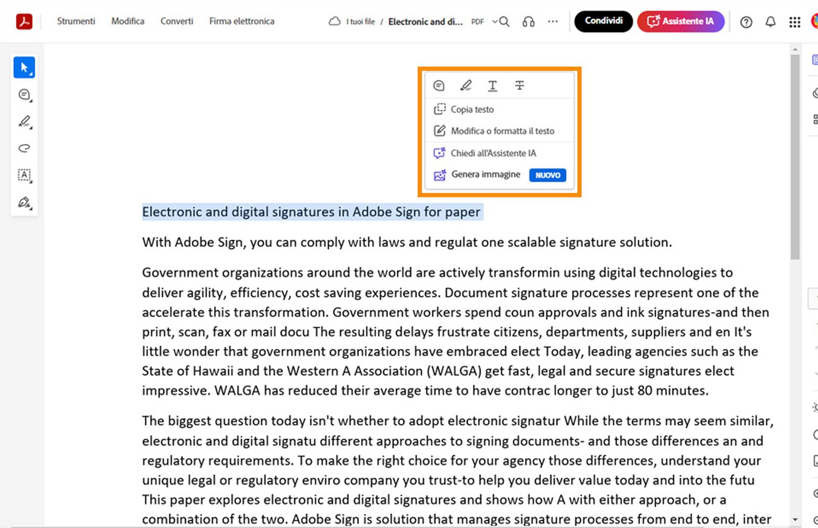 Testo selezionato che mostra il menu di scelta rapida con strumenti per copiare, modificare, formattare, evidenziare, barrare o sottolineare il testo.