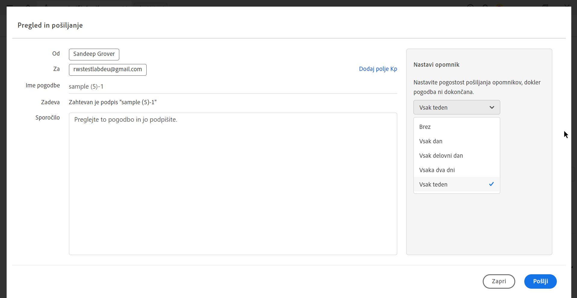 Pregled in pošiljanje