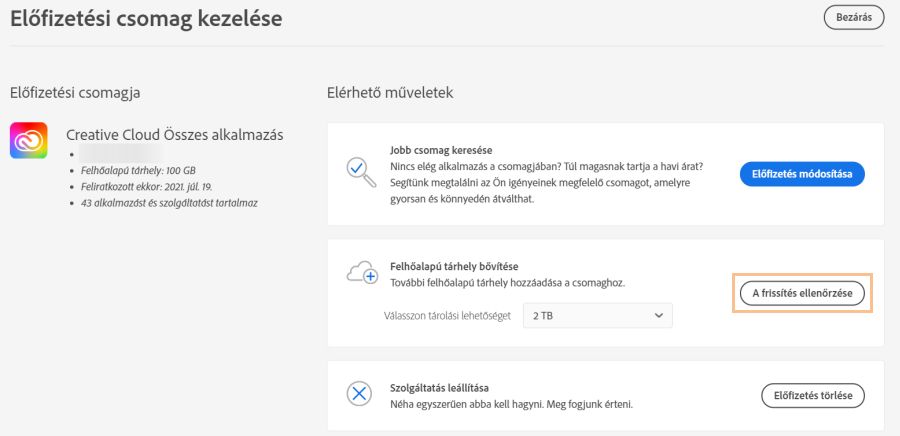 Frissítés áttekintése lehetőség választása a tárhelykvóta növeléséhez