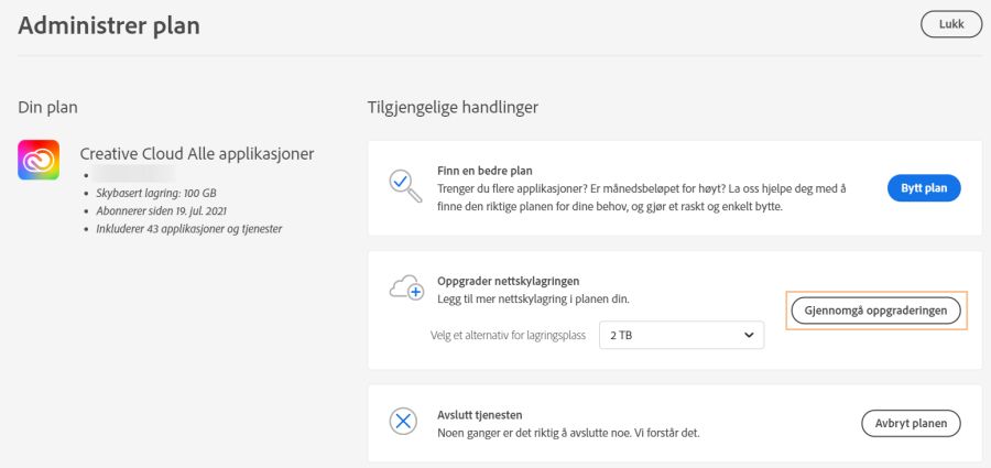 Velg Gjennomgå oppgraderingen for å oppgradere lagringskvoten
