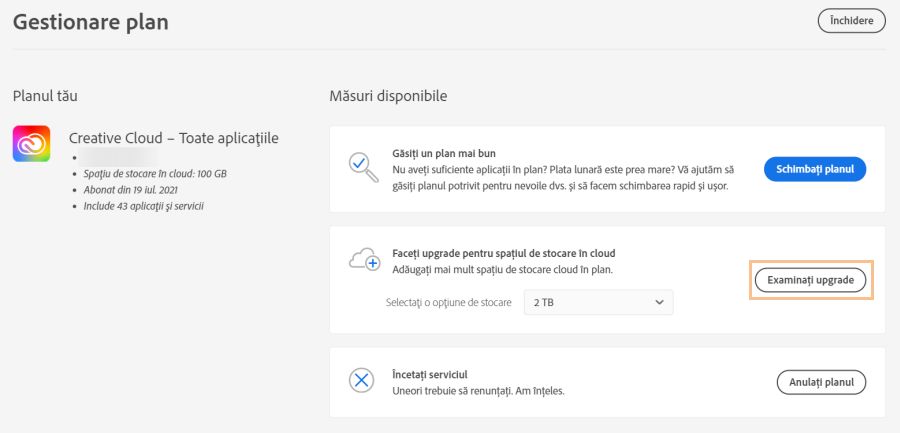 Selectați Examinati upgrade pentru a face upgrade la cota de stocare