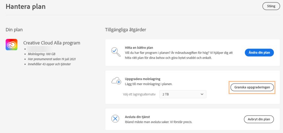 Välj Granska uppgraderingen för att uppgradera lagringskvoten