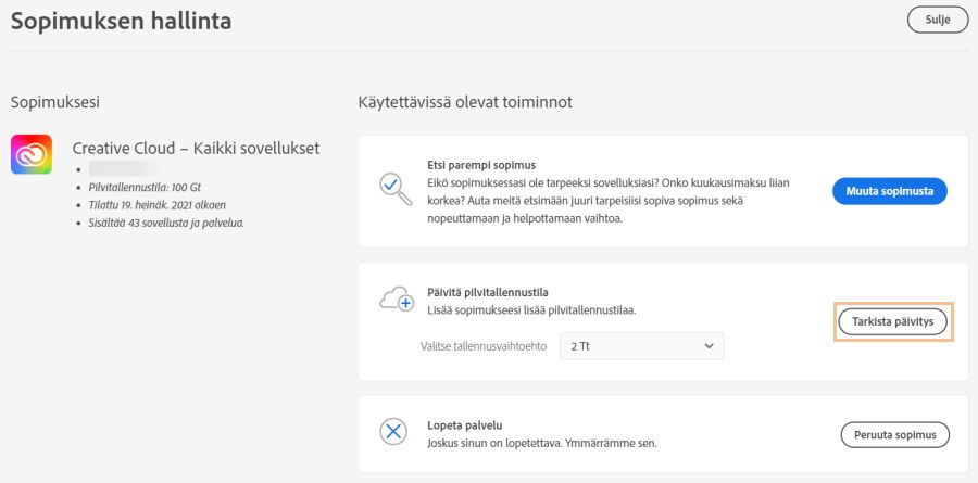 Valitse Tarkista päivitys tallennuskiintiön päivittämiseksi