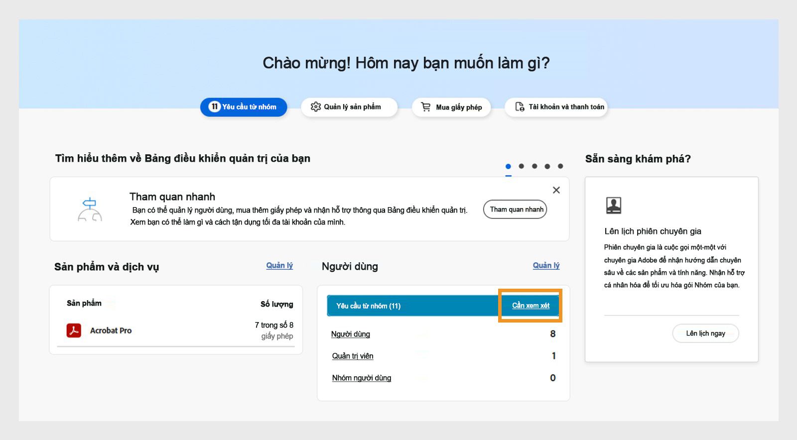 Trang Tổng quan với thông báo yêu cầu xem xét được tô sáng