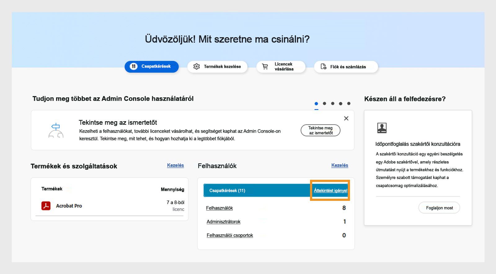 Az Áttekintés oldal az áttekintési kérések értesítésének kiemelésével