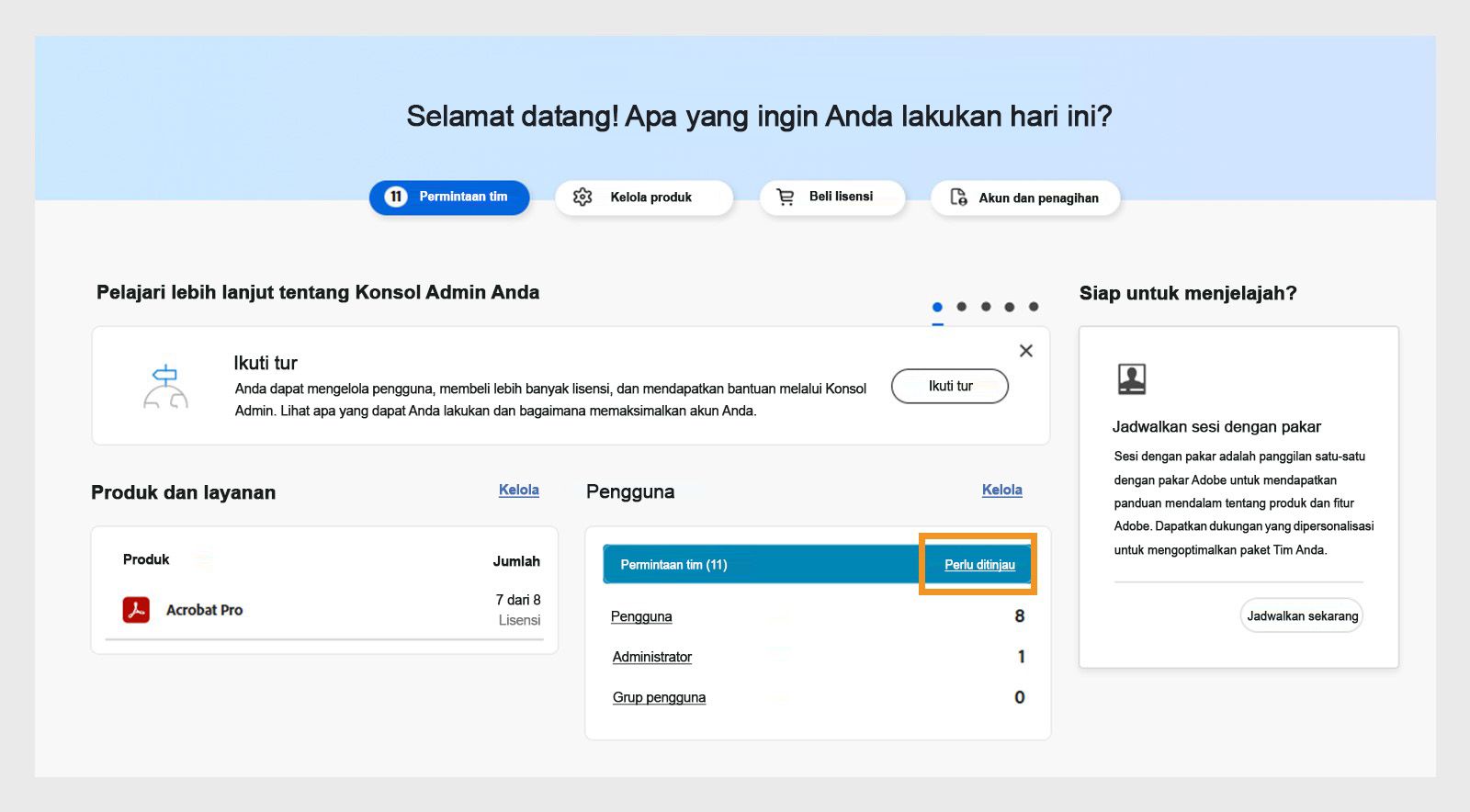 Halaman gambaran umum dengan notifikasi permintaan tinjauan yang disorot