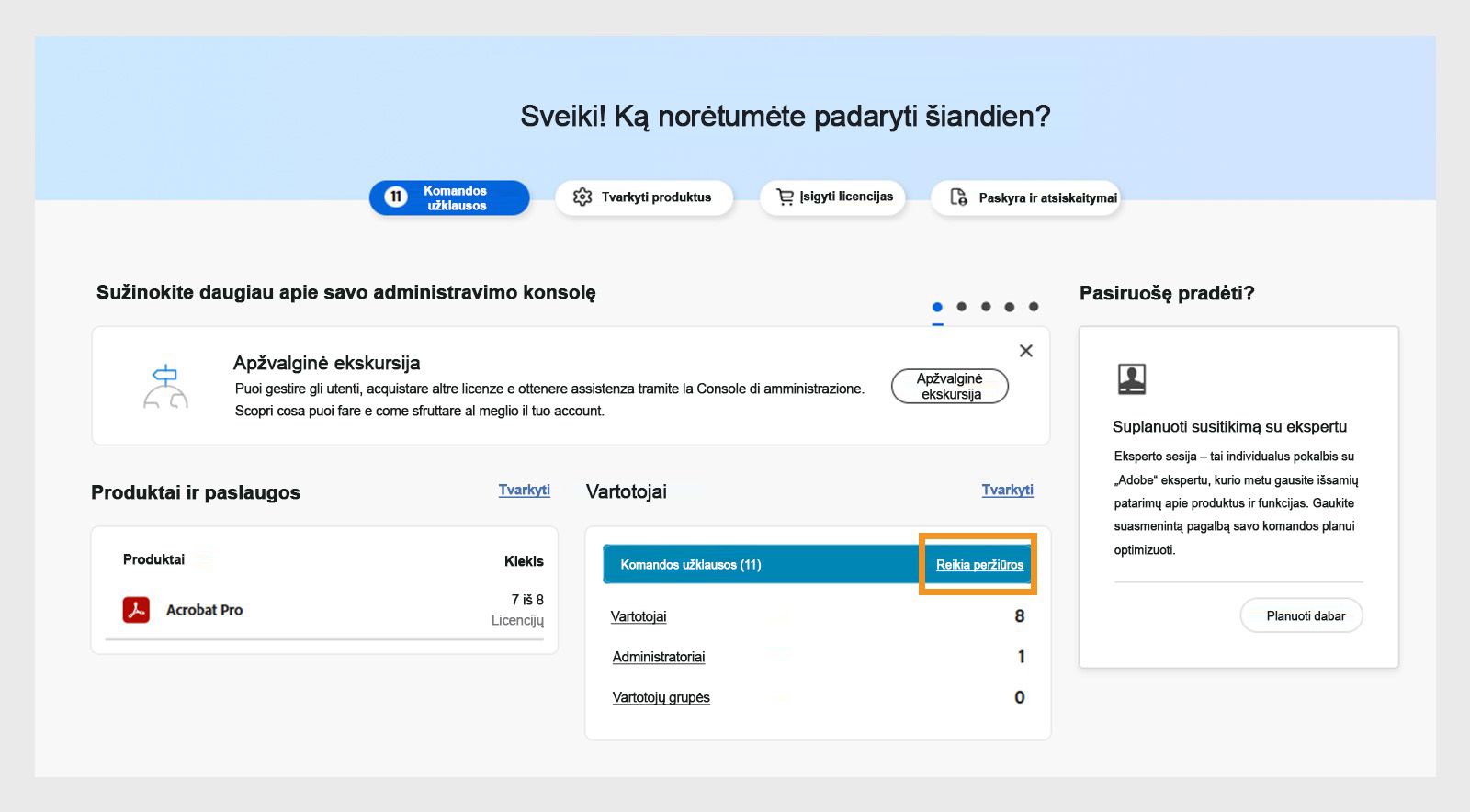 Apžvalgos puslapis su pažymėtu perspėjimu peržiūrėti prašymus