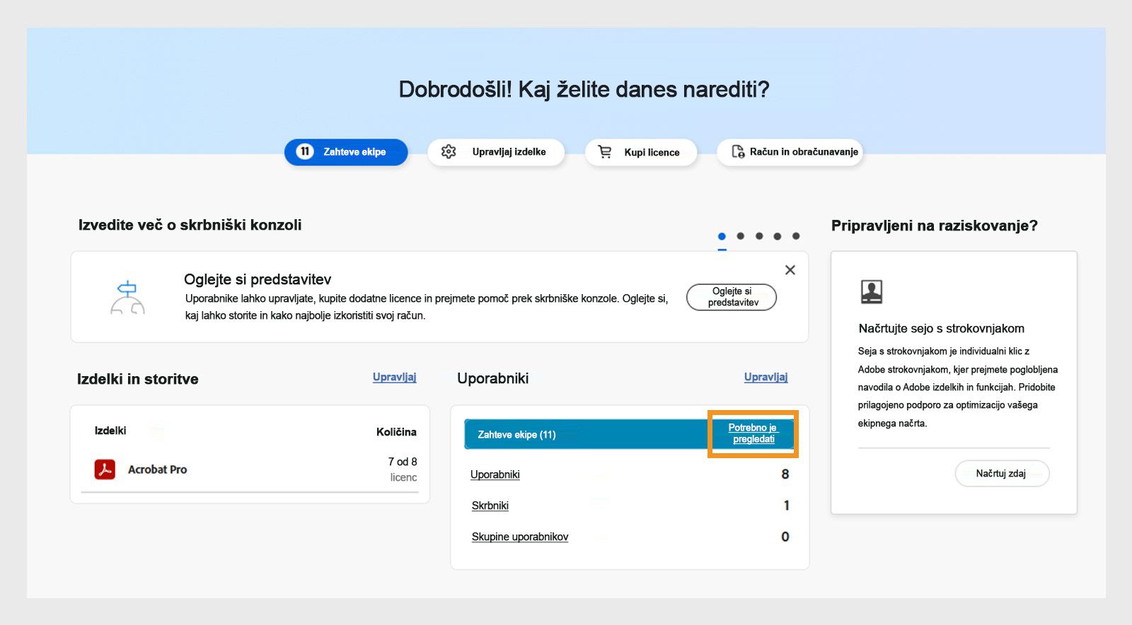 Pregledna stran z označenim obvestilom o zahtevah za pregled