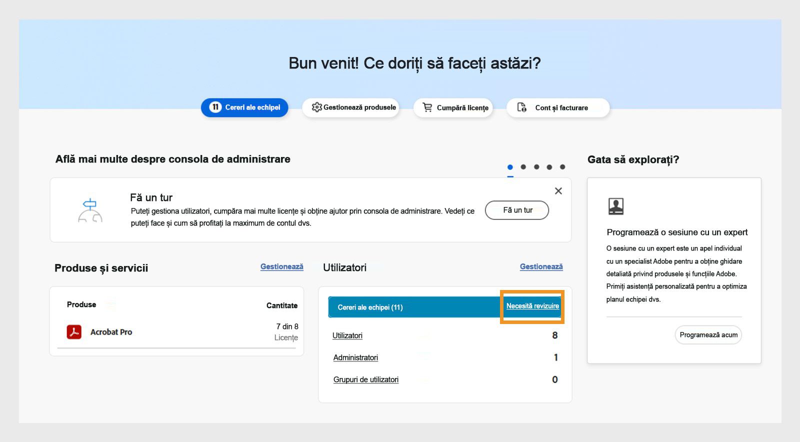 Pagina de prezentare generală cu notificările privind solicitările de examinare evidențiate