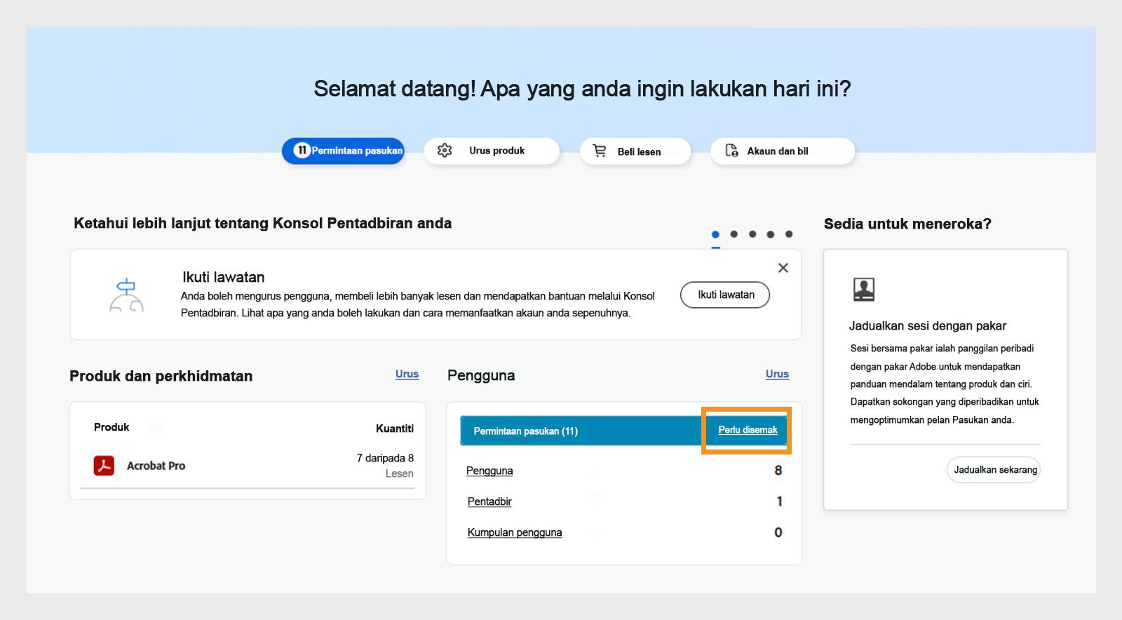 Halaman ringkasan dengan pemberitahuan permintaan semakan yang diserlahkan