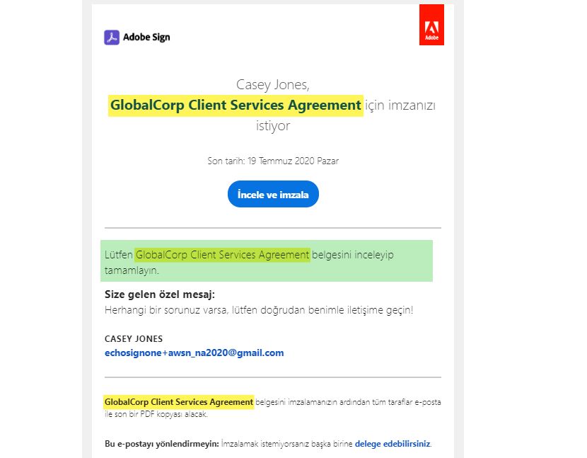 E-postayı inceleyip ad ve mesaj ekleyerek imzalayın