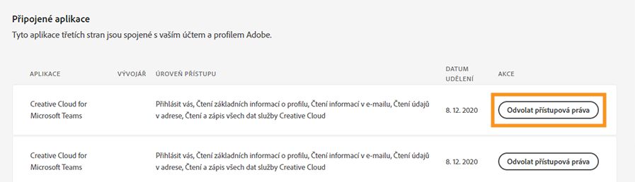 Zrušení přístupu k připojeným aplikacím