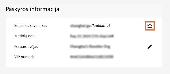 Paskyros informacijos puslapis su paryškinta sutarties savininko atšaukimo piktograma.