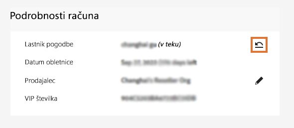 Stran s podatki o računu z označeno ikono za preklic lastnika pogodbe.
