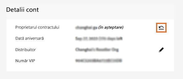 Pagină cu detaliile contului cu pictograma de revocare a titularului de contract evidențiată.
